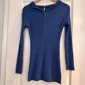 Free People Boho Hoody Blue Knit Sweater Wool Blend Knit Dress with Zipper Small